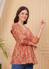 Mustard Floral Cotton V-Neck Casual Top