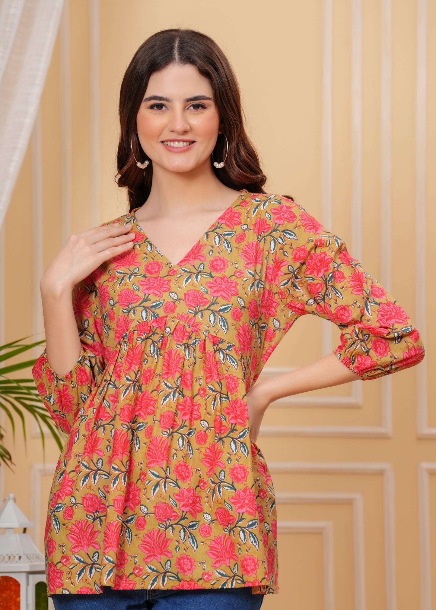 Mustard Floral Cotton V-Neck Casual Top