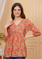 Mustard Floral Cotton V-Neck Casual Top