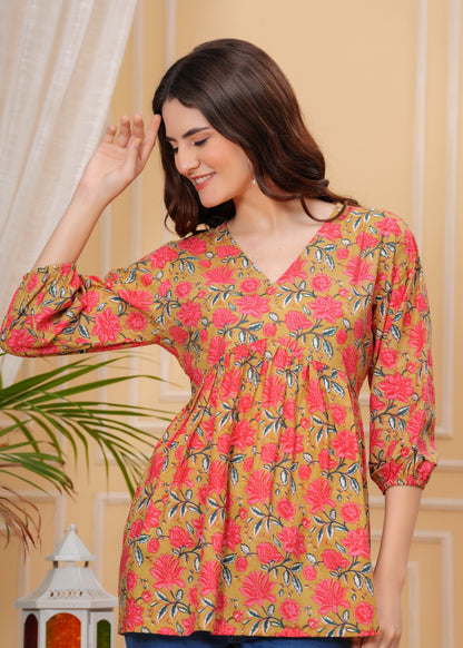 Mustard Floral Cotton V-Neck Casual Top