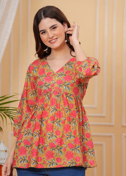 Mustard Floral Cotton V-Neck Casual Top