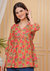Mustard Floral Cotton V-Neck Casual Top