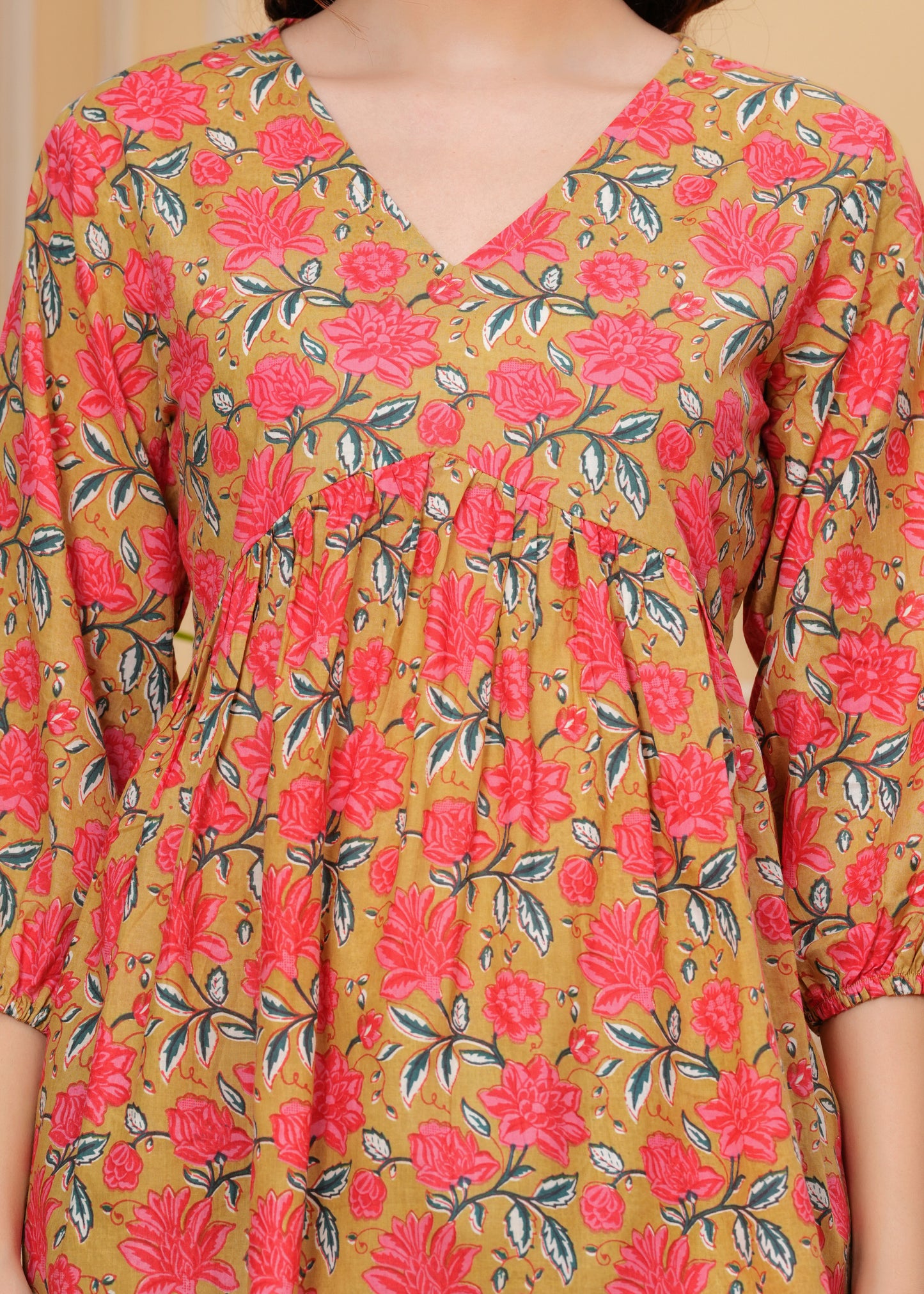 Mustard Floral Cotton V-Neck Casual Top