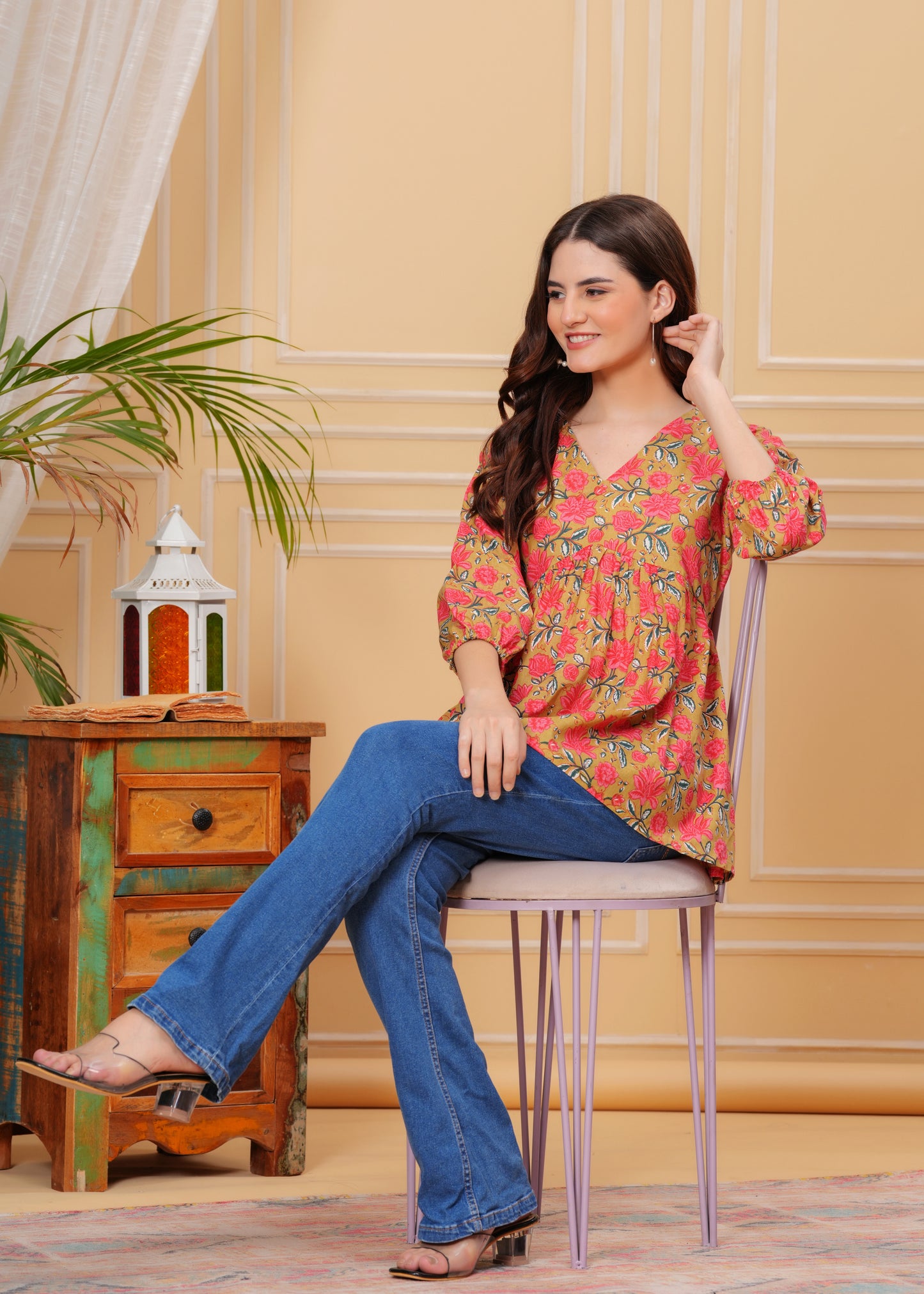 Mustard Floral Cotton V-Neck Casual Top