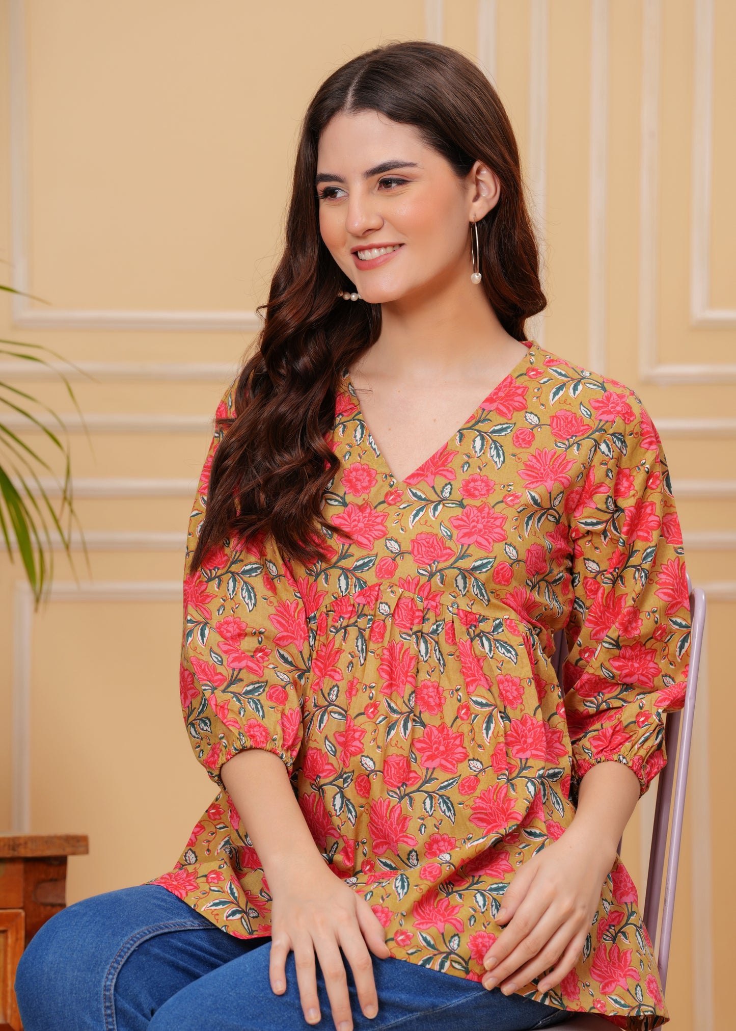 Mustard Floral Cotton V-Neck Casual Top