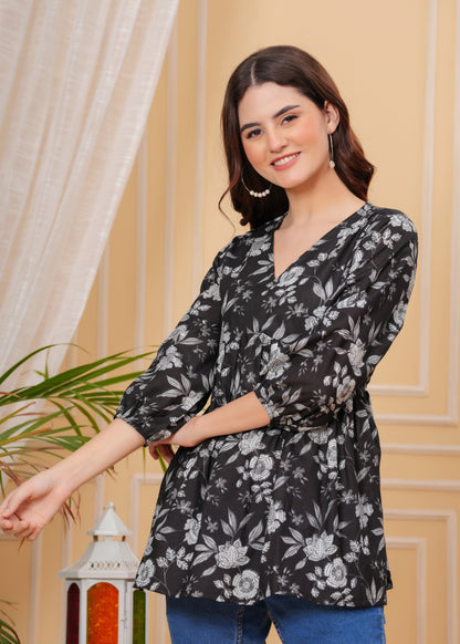 Black Floral Printed Cotton V-Neck Top