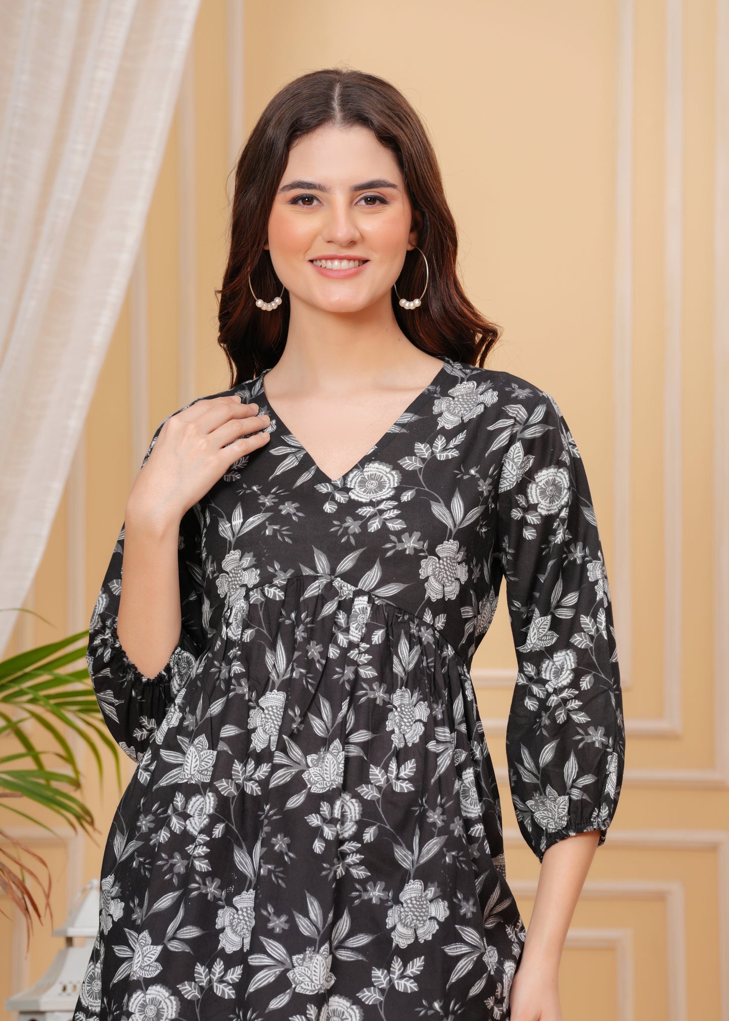 Black Floral Printed Cotton V-Neck Top