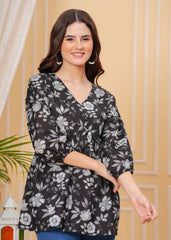 Black Floral Printed Cotton V-Neck Top