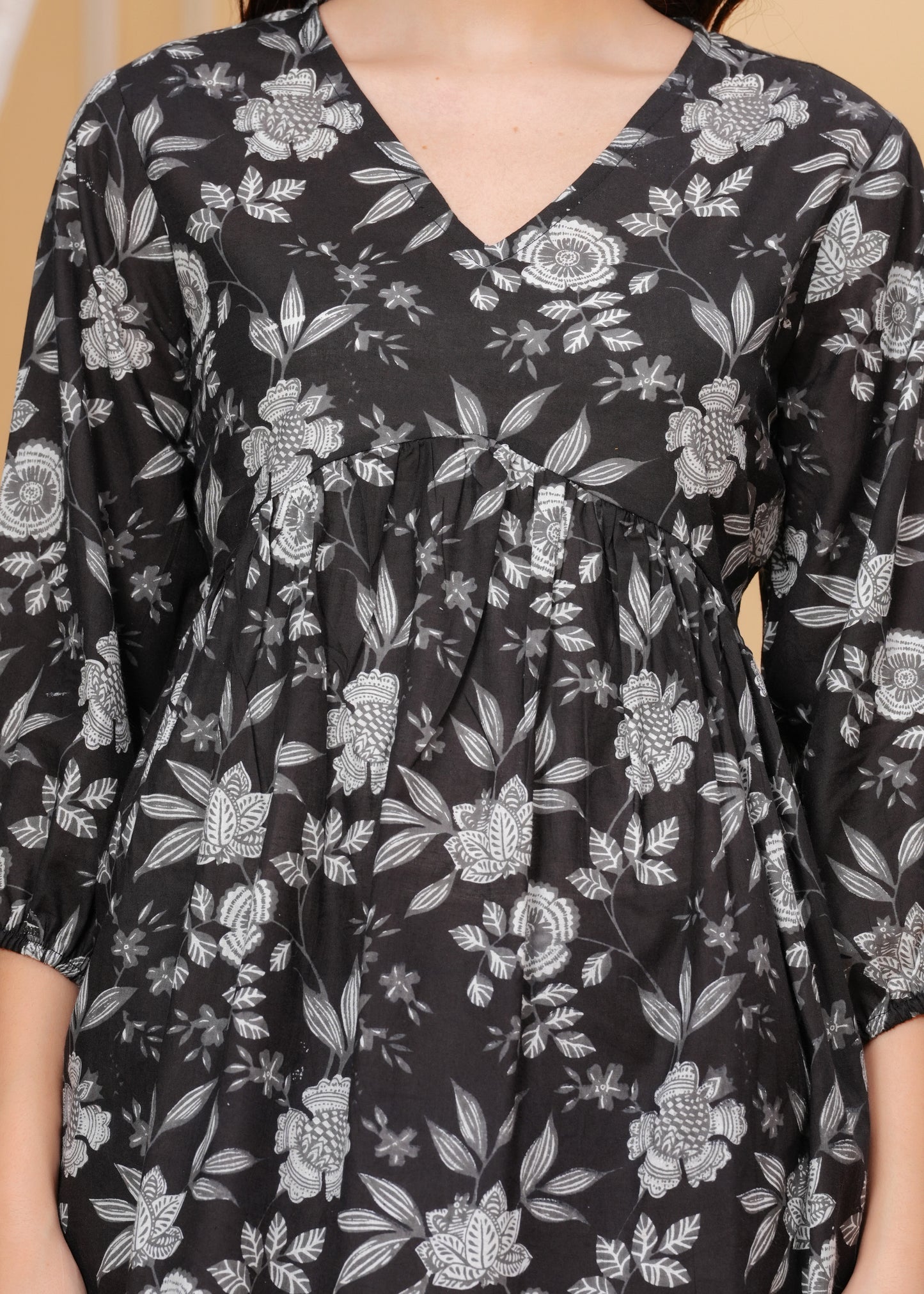Black Floral Printed Cotton V-Neck Top