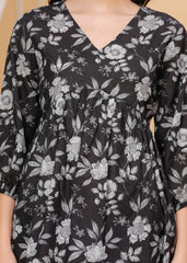 Black Floral Printed Cotton V-Neck Top