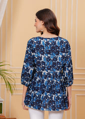 Navy Blue Floral Printed Cotton Top – V-Neck Casual Tunic