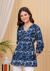 Navy Blue Floral Printed Cotton Top – V-Neck Casual Tunic