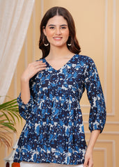 Navy Blue Floral Printed Cotton Top – V-Neck Casual Tunic