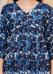 Navy Blue Floral Printed Cotton Top – V-Neck Casual Tunic