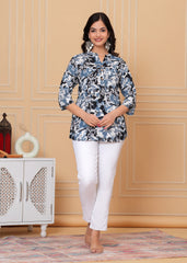 Blue & Black Floral Printed Cotton Short Kurti