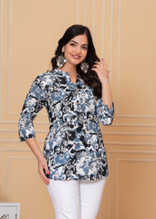 Blue & Black Floral Printed Cotton Short Kurti