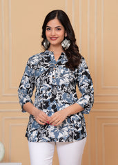Blue & Black Floral Printed Cotton Short Kurti