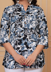 Blue & Black Floral Printed Cotton Short Kurti
