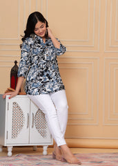 Blue & Black Floral Printed Cotton Short Kurti