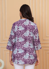 Purple & Sky Blue Leaf Printed Cotton Short Kurti
