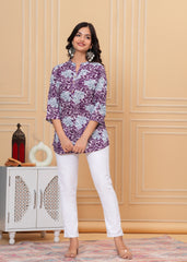 Purple & Sky Blue Leaf Printed Cotton Short Kurti