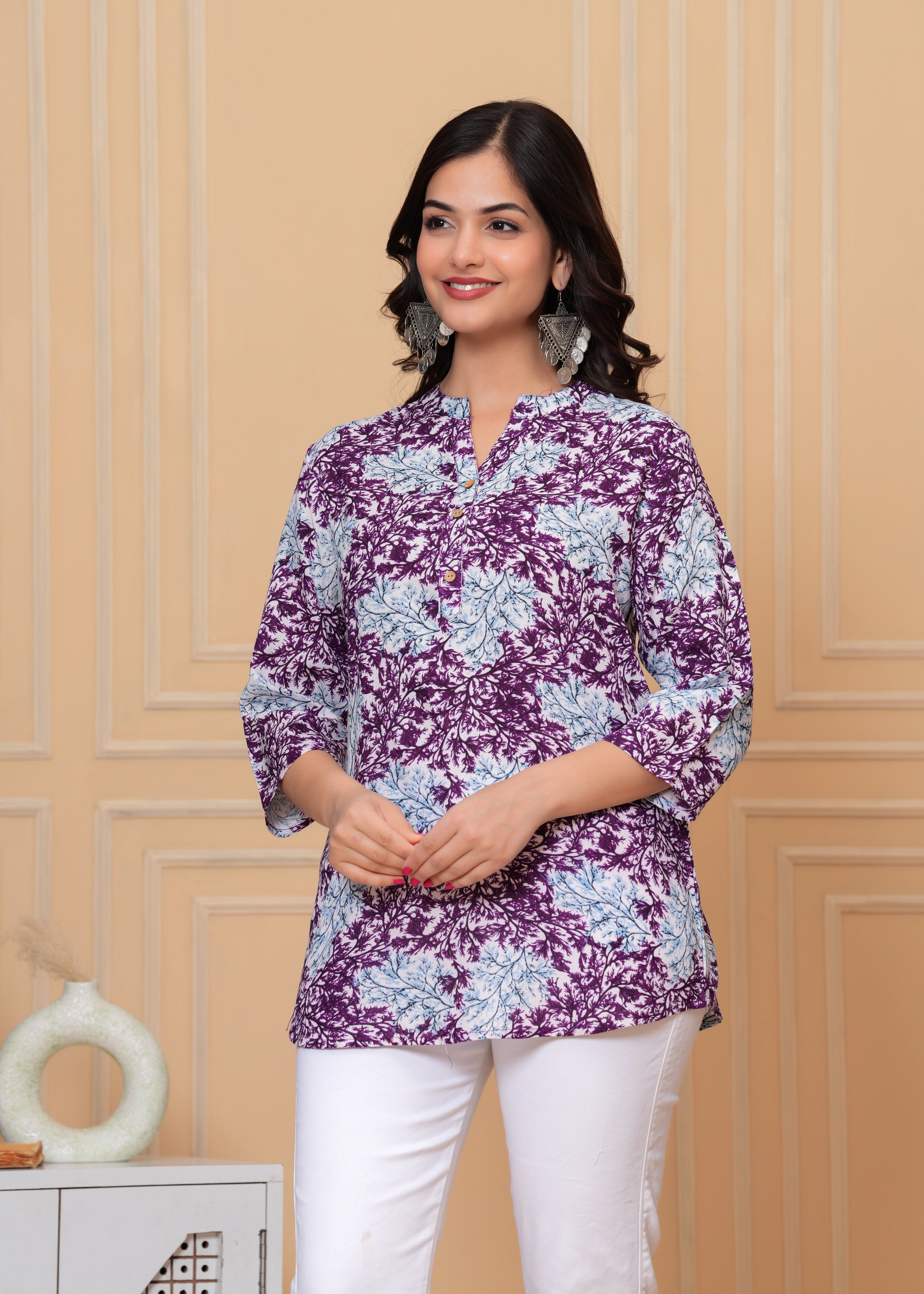 Purple & Sky Blue Leaf Printed Cotton Short Kurti