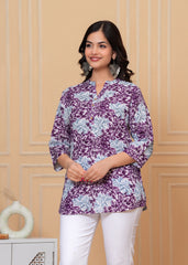 Purple & Sky Blue Leaf Printed Cotton Short Kurti