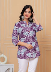 Purple & Sky Blue Leaf Printed Cotton Short Kurti