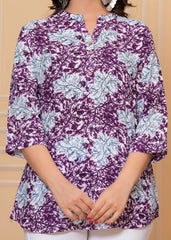 Purple & Sky Blue Leaf Printed Cotton Short Kurti