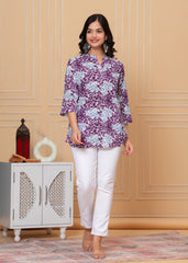 Purple & Sky Blue Leaf Printed Cotton Short Kurti