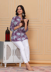Purple & Sky Blue Leaf Printed Cotton Short Kurti