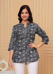 Black & White Floral Printed Cotton Short Kurti