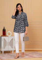 Black & White Floral Printed Cotton Short Kurti