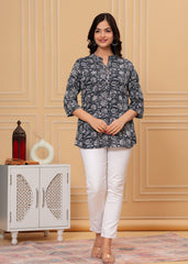 Black & White Floral Printed Cotton Short Kurti
