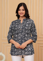Black & White Floral Printed Cotton Short Kurti