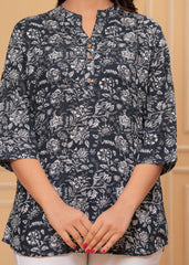 Black & White Floral Printed Cotton Short Kurti