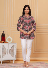 Red & Black Leafy Printed Cotton Short Kurti