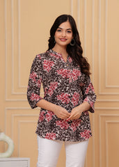 Red & Black Leafy Printed Cotton Short Kurti