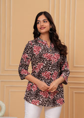 Red & Black Leafy Printed Cotton Short Kurti