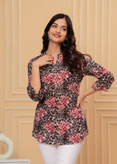 Red & Black Leafy Printed Cotton Short Kurti