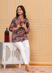 Red & Black Leafy Printed Cotton Short Kurti