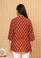 Rust Brown Block Printed Cotton Short Kurti