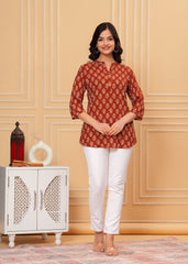 Rust Brown Block Printed Cotton Short Kurti