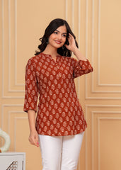 Rust Brown Block Printed Cotton Short Kurti