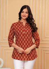 Rust Brown Block Printed Cotton Short Kurti
