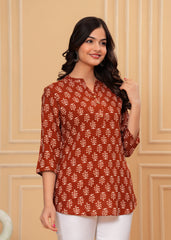 Rust Brown Block Printed Cotton Short Kurti