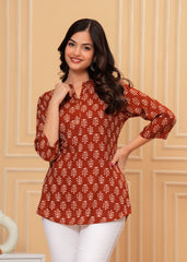 Rust Brown Block Printed Cotton Short Kurti