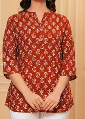 Rust Brown Block Printed Cotton Short Kurti