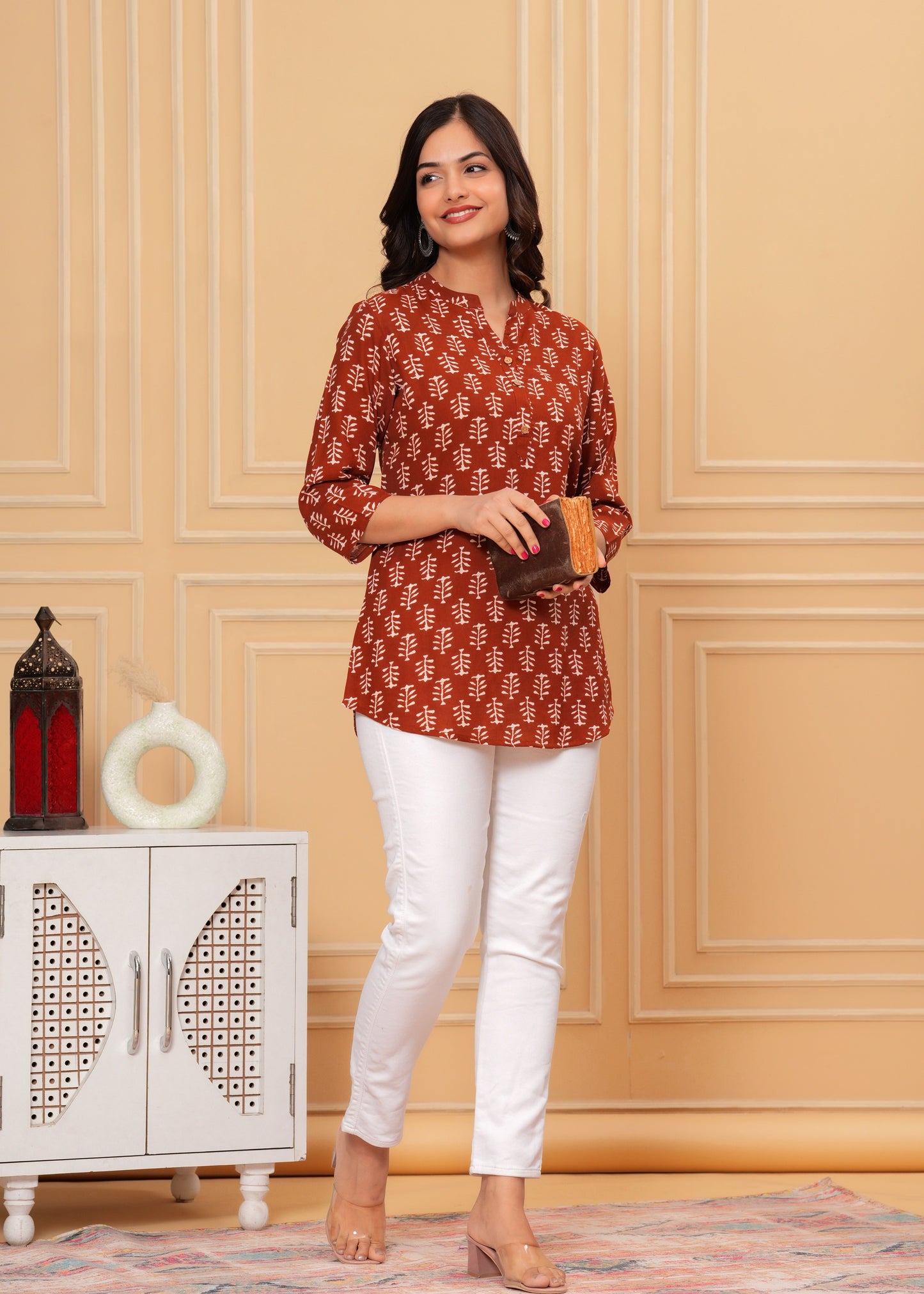 Maroon Printed Cotton Rayon Straight Kurti