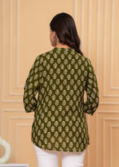 Olive Green Block Printed Cotton Short Kurti